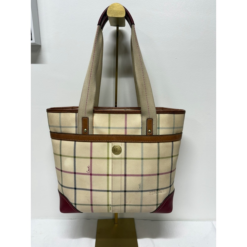 Coach Heritage Leatherware Tote Womens Pink White Tattersall Plaid Webbing Strap - Picture 9 of 9